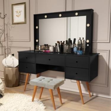 Imagem de Penteadeira Camarim Com Banqueta Com Led Espelho Resistente Moderna Decorativa Madeira MDF Maquiagem (Preto)