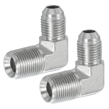 Imagem de PATIKIL Adaptador de tubo de 90 graus, 2 peças 9/40.6 cm macho 37° Flare JIC x 3/20.3 cm BSPT conector macho de aço carbono encaixe de cotovelo para ar fluido hidráulico combustível água óleo, prata