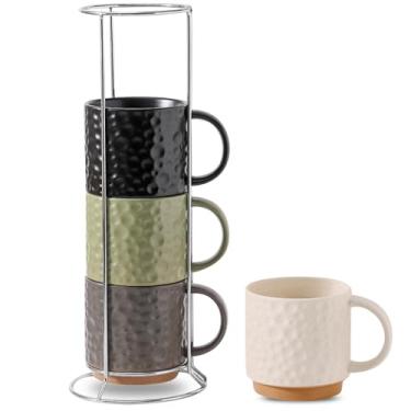 Imagem de Nihow Conjunto de 4 canecas de café de cerâmica empilháveis de 473 ml com suporte inoxidável, conjunto de xícaras grandes para cappuccino, chá, bebidas quentes/frias, seguro para lava-louças e