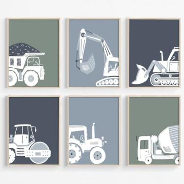 Imagem de Arte de parede de caminhão de construção, decoração de parede de berçário, decoração de parede para quarto de meninos, pôsteres de carro infantil, ilustrações de berçário, escavadeira, trator, imagens