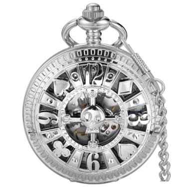 Imagem de Alwesam Relógio de bolso masculino mão vento mecânico algarismos romanos relógios de bolso masculinos steampunk com caixa de corrente, Prata - 916, números romanos