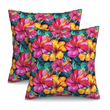 Imagem de KiuLoam Capas de almofada 45,7 x 45,7 cm conjunto de 2 capas de almofada florais havaianas vermelhas amarelas verdes de verão decorativas para decoração de casa de fazenda para sofá-cama decoração de