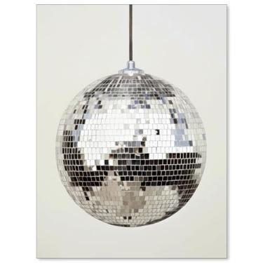 Imagem de XMOPNITIN Arte de parede em tela de bola de discoteca de prata funky vintage pôster de arte de discoteca decoração de carrinho de bar espelho bola de espelho para casa bar quarto dormitório decoração