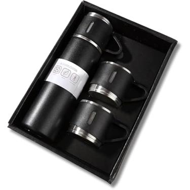Imagem de Garrafa térmica isolada 500ML Inox à prova de vazamento com 3 xícaras/Canecas de café ou água para sua viagem, acampamento, trabalho, escola e faculdade para bebidas quentes e frias (Preto)
