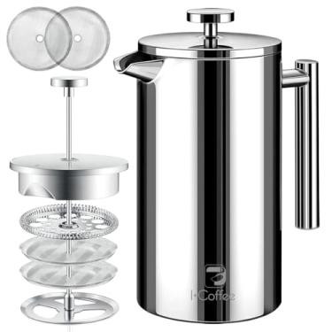 Imagem de Cafeteira Com Prensa Francesa De Aço Inoxidável 700ml, 4 Filtros, Isolamento Duplo, Livre De Ferrugem (Prata)
