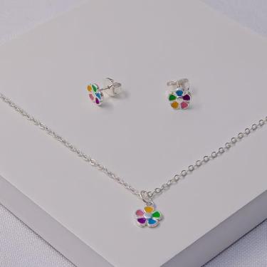 Imagem de Conjunto Folheado a Prata Infantil Colar e Brinco Flor Resinada - Rali