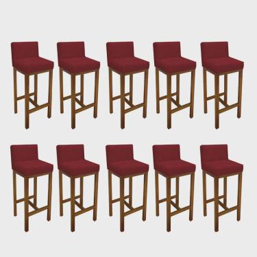 Imagem de Kit 10 Banqueta Alta Com Encosto Loren Cozinha Balcão Bistrô Base Madeira Rústico Suede Vermelho - Ahz Móveis