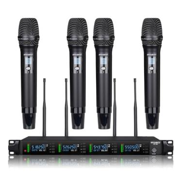 Imagem de Sistema profissional de microfones sem fio de 4 canais, varredura automática, UHF, 4 x 50 canais, metal, dinâmico, sem fio, alcance de 300 m, microfones sem fio para cantar, karaokê, igreja e DJ