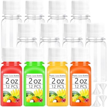 Imagem de Haawooky 12 garrafas de suco de plástico de 59 ml com tampas brancas, garrafas reutilizáveis de gengibre com 4 funis, recipientes de bebidas vazios transparentes para suco, smoothie, leite