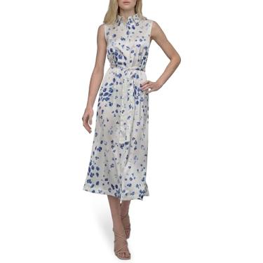 Imagem de DKNY Vestido midi feminino sem mangas com colarinho e botão frontal, Creme/azul, 38