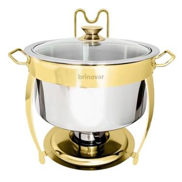 Imagem de Rechaud Dourado Redondo Banho Maria Aço Inox 8 Litros Com Tampa de Vidro - Brinovar