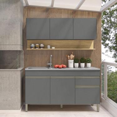 Imagem de Kit Balcão De Pia Sem Tampo E Aereo 150 Cm 6 Portas 1 Gaveta Line - Gris/gris/cp-freijó