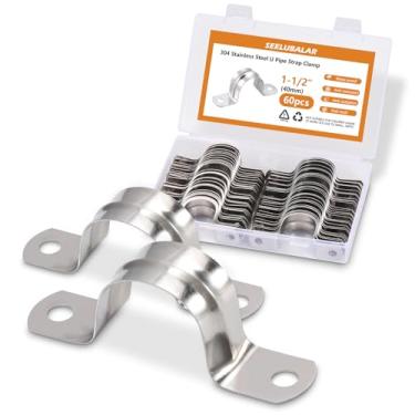 Imagem de Pacote com 60 tiras de tubo de aço inoxidável M40 (1-1/5.1 cm) - Braçadeiras de suporte em U resistentes com 2 furos para fixação de tubulação rígida, cabo e conduíte (largura de 4 cm)