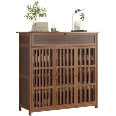 Imagem de LGEOELIAS Armário de sapatos com gaveta e banco – Organizador de sapatos de bambu com prateleiras ajustáveis para 18-26 pares, armazenamento de sapatos para sala de estar corredor entrada