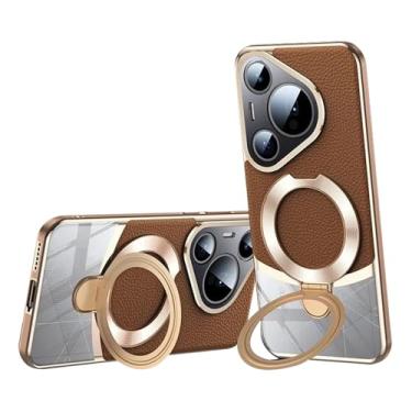 Imagem de LTLMYDAM Capa de couro para Huawei Pura 70 Ultra/70 Pro/70 Pro+/70, capa de telefone com proteção de lente, capas finas de anel giratório de revestimento luxuoso, latão, 70 Pro+