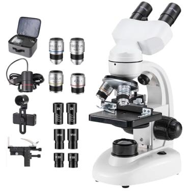 Imagem de Microscópio óptico binocular, lente objetiva de 4X 10X 40X 100X, ampliação de 40X-5000X, ângulo de 45° para visualização confortável, microscópio biológico, adequado para adultos e estudantes