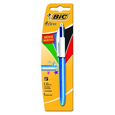 Imagem de Caneta Bic 4 Cores – Ponta Esferográfica Retrátil Média de 1.0mm – Corpo Azul Metálico, Pacote com 1 Unidade – Cores Clássicas: Azul, Vermelho, Verde e Preto