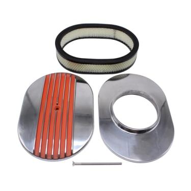 Imagem de Conjunto de purificador de ar universal de 30,48 cm x 5 cm, oval, meia aleta, laranja polido, clássico, nostalgia, compatível com Chevy GM Ford Hot Rod Rat Rod Muscle Car ou personalizado