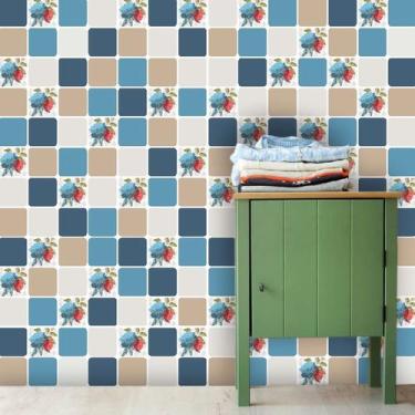 Imagem de Papel de Parede Pastilhas em Tons de Bege e Azul - Inove Papéis de Par