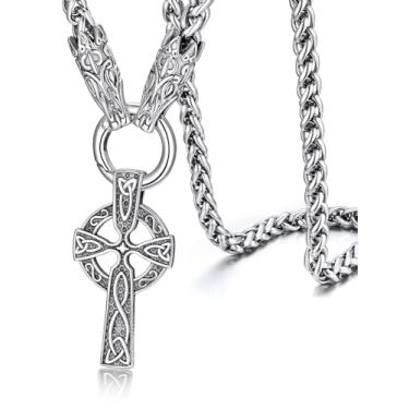 Imagem de ChainsHouse Joias nórdicas viking masculinas, cabeça de lobo/martelo Thor/pingente de cruz de nó celta com corrente grossa de 71 cm, colar de aço inoxidável/preto/dourado, caixa de presente enviada