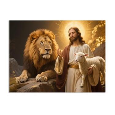 Imagem de SDYJ6GSW Arte de parede em tela Jesus e leão cordeiro decoração cristãos Deus Judas impressões inspiradoras arte de pintura para sala de estar quarto igreja escritório 65 x 50 cm (26 x 19 pol) sem