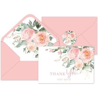 Imagem de Whaline 36 peças de cartões de agradecimento florais pêssego empoeirado blush rosa cartão de felicitações com envelopes adesivos aquarela cartão de notas em branco para primavera verão chá de bebê