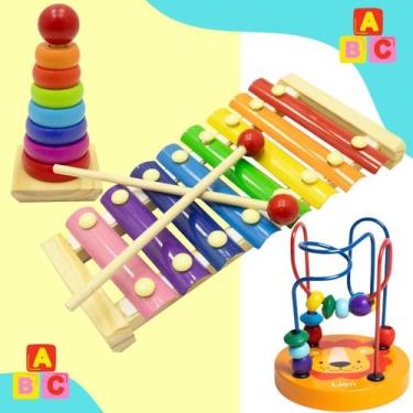 Imagem de Kit Brinquedos Educativos Madeira Autismo TDAH Pedagógico Xilofone Mus