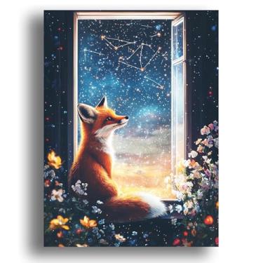 Imagem de Zariocy Kits de arte de diamante 5D para adultos raposa, arte de pintura de diamante DIY animal noite estrelada redonda broca completa diamante bordado pinturas artísticas artesanato para decoração de
