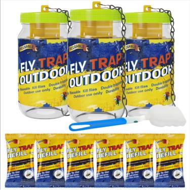 Imagem de Glovv Pacote Com 3 Garrafas Reutilizáveis Para Armadilhas De Moscas Áreas Externas, Frasco Killer Catcher 6 Recargas Iscas Naturais, Armadilha Controle Moscas, Insetos E Insetos, Pendurar Em Celeiro