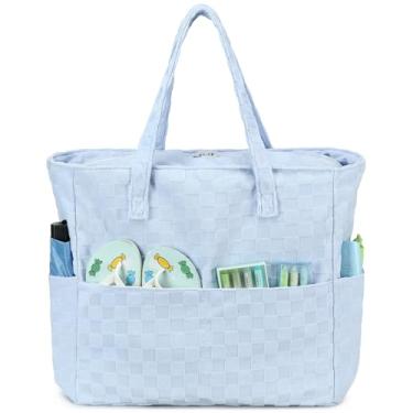 Imagem de LEDAOU Bolsa feminina grande para praia, impermeável, à prova de areia, com zíper, para piscina, academia, mercearia, viagem, com bolso molhado, 1 peça - Xadrez azul, Large