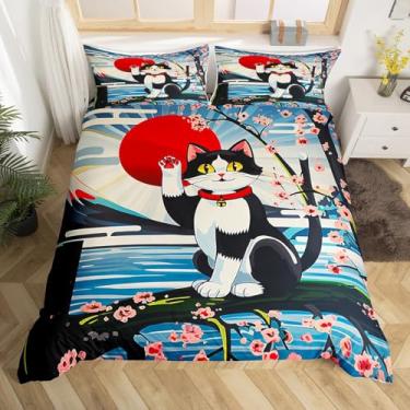 Imagem de Feelyou Conjunto de capa de edredom infantil Queen Size com estampa de gato da sorte, flores de cerejeira, para meninos e meninas, estilo japonês, fofo, kawaii, estampa animal, Sakura, capa de cama
