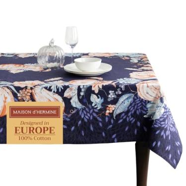 Imagem de Maison d' Hermine Toalha de mesa retangular 100% algodão 152 x 272 cm, reutilizável, decorativa, uso diário para sala de jantar, casa de fazenda, casa, festa, festivo e casamento - Pumpkin Blues