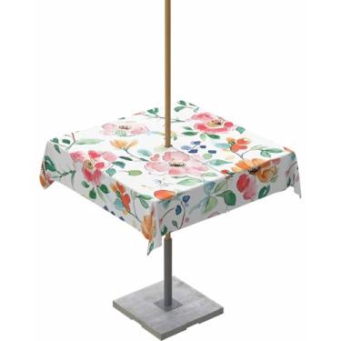 Imagem de Toalha de mesa floral aquarela para uso ao ar livre, 137 x 137 cm, retangular, rosa e laranja, com orifício para guarda-chuva e zíper, à prova d'água, sem vincos, toalhas de mesa para primavera, festa