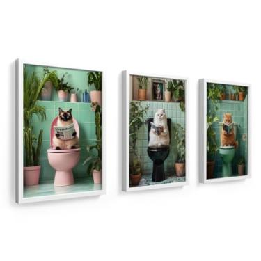 Imagem de kit 3 quadros 18x24 cm gatos banheiro lavabo moldura vidro (Branco)