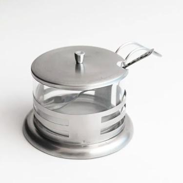 Imagem de Açucareiro Inox com Alça, Tampa e Colher, Branco e Azul, Capacidade 1,5L, Abre e Fecha