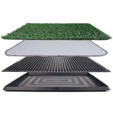 Imagem de Almofada de grama para cães de 88 x 56 cm com bandeja – Tapete de treinamento de gramado artificial interno/externo para filhotes, caixa de areia portátil para varanda/pátio, almofada lavável