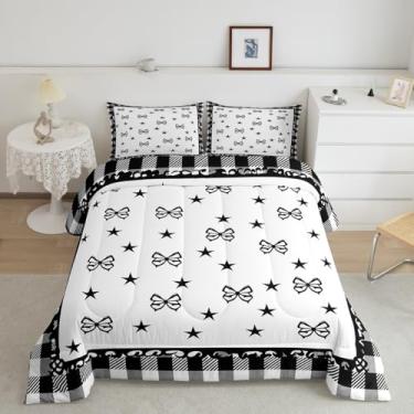 Imagem de Feelyou Conjunto de cama infantil com laço preto, tamanho solteiro, estampa de estrelas, edredom fofo com nó de laço de coquete, preto e branco, xadrez, decoração de quarto