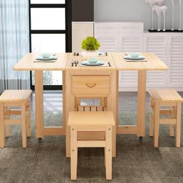 Imagem de Mesa De Mesa De Queda De Folhas, Mesa De Jantar Dobrável, Conjunto De Mesa De Madeira D 4 Cadeiras, Mesa De Extensão Com Prateleira De Armazenamento De 2 Camadas D Rodas