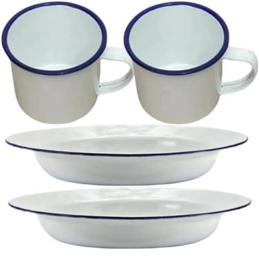 Imagem de Prato e Caneca Esmaltado Branco Kit Esmalte 3 pratos 3 canecas, 2 pratos 2 canecas, 1 prato 1 canecas Retro café chá (2, Branco Liso)