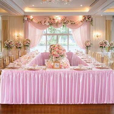 Imagem de Saia de mesa rosa com glitter de 6,4 m de comprimento para mesas retangulares, sem rugas, plissada, saia de cetim para chá de bebê, festa de aniversário, princesas, meninas, decoração de mesa de bolo