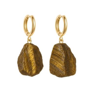 Imagem de Brinco de Argola Olho de Tigre - Cristal Natural, Banho Ouro 18k