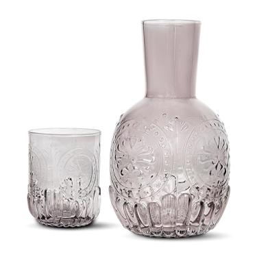 Imagem de elle decor Conjunto de 2 garrafas | Garrafa de água noturna de cabeceira | Jarra e copo de vidro que funciona como tampa | Copo de vidro perfeito para armazenar água, suco e outras bebidas em mesa/prateleira (cinza)