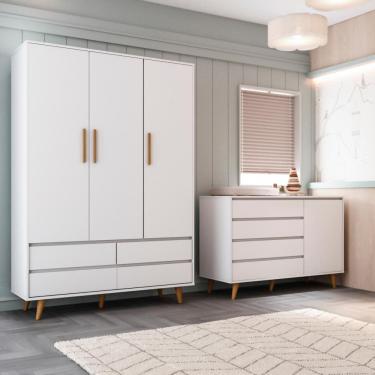 Imagem de Quarto de Bebê Retrô Cômoda Infantil Gran Lorena com Porta Guarda Roupa 3 Portas Branco Carolina Baby