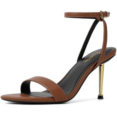 Imagem de Mostrin Sandálias femininas de salto alto com tiras de cadarço e tira no tornozelo, bico fino, bico aberto, salto alto para formatura, festa, dia a dia, Lh08-marrom, 42