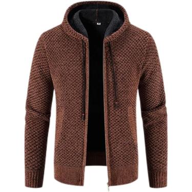 Imagem de Homens Inverno Com Capuz Camisola Outono Fleece Quente Casaco Masculino Com Zíper Cardigans De Malha, Coffee, XXL