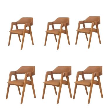 Imagem de Kit 6 Cadeiras de Madeira Eucalipto Encosto Anatômico com Apoio de Braço Dália Caramelo