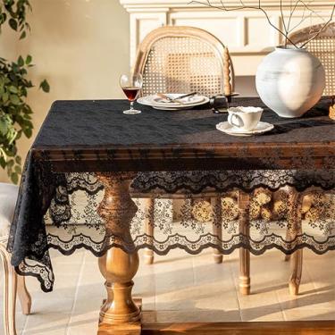 Imagem de auons Toalha de mesa de renda preta retangular floral bordada rústica toalha de mesa de linho vintage de tule para decoração de festa de casamento, aniversário de Halloween, 140 x 182 cm