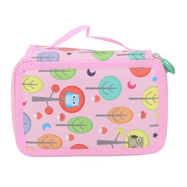 Imagem de Caixa de lápis colorida portador de lápis de grande capacidade com fechamento de zíper Design de desenho animado de lápis de cor dobrável para artistas estudantes PU couro (Rosa)
