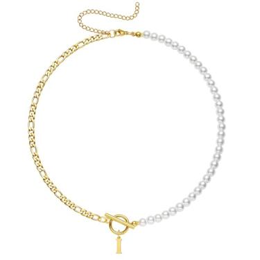 Imagem de Yanxyad Colar feminino com inicial de pérola, ouro 18K, aço inoxidável, letra A-Z, corrente fígaro, 40,6 cm + 7,6 cm, joia de presente para ela, Medium, Aço inoxidável, Sem Pedra Preciosa