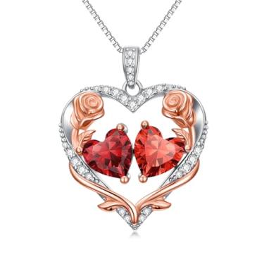 Imagem de Zoeniya Colar de coração rosa para mulheres banhado a ouro branco 18 k 12 meses com pedra do mês de nascimento, presente de aniversário e Natal para sua esposa, namorada, 25mm, base, Zircônia cúbica